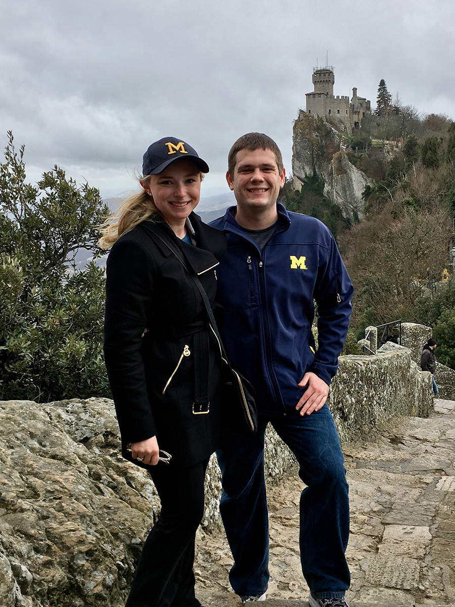 In February 2016, Blake Bogart, ’13, and Brooke Szymanski, ’15, took a trip around Italy and San Marino, where they visited the three towers of San Marino, the second of which can be seen in the distance.
