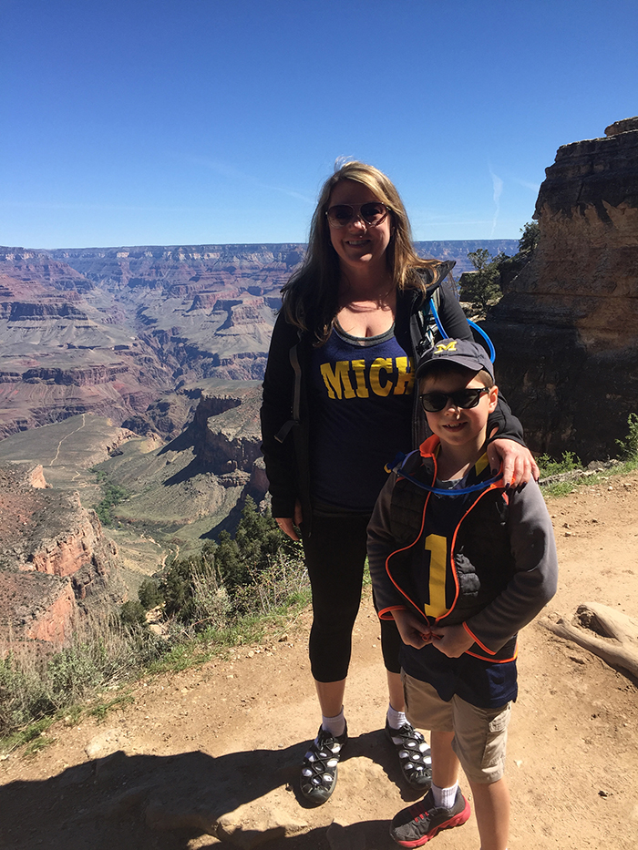 Mariana Bordei, ’01, and her son, Noah Flatt, enjoyed the view while hiking 10 miles of the Grand Canyon.