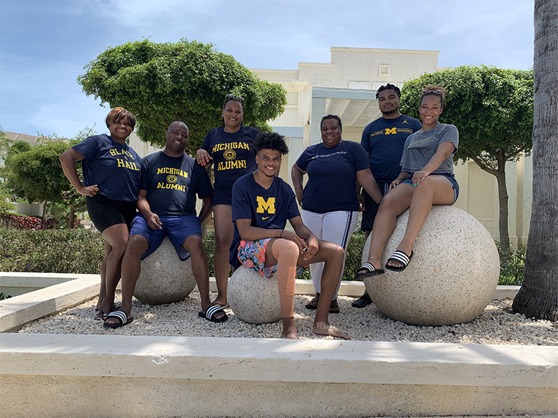 Family and friends enjoyed fun in the sun on Providenciales, the third-largest island in the Turks and Caicos archipelago. From left to right: Alicia Moten Roberts, ’96; Jimmy Roberts Jr., ’95; LaShawn Boyce Ware, ’93; current LSA student Myles Ware; Tracy Boyce, ’91; Eric Bell, ’19, MENG’20; and Jalyn Walker, ’18, MPH’20.