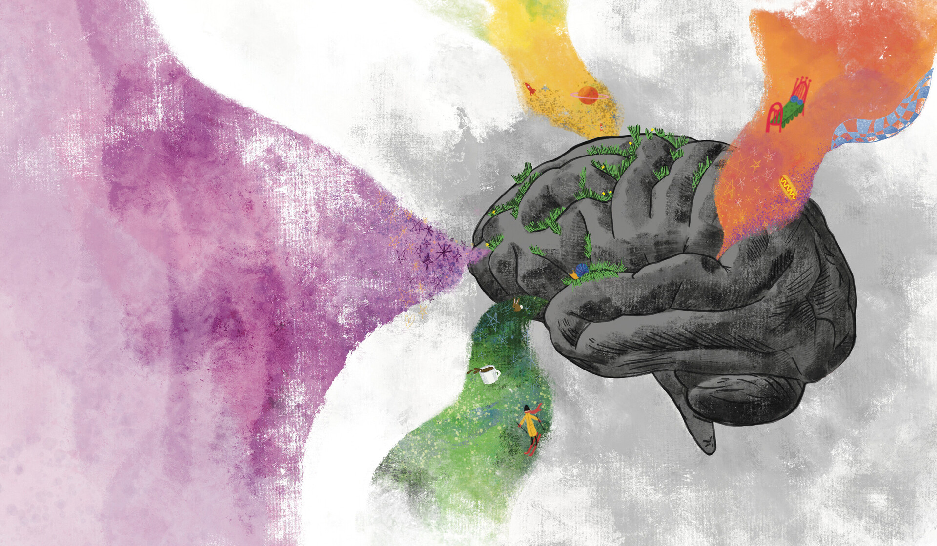 Illustration of a black-and-white human brain finding relief in colors and pleasant explorations of its memories and feelings