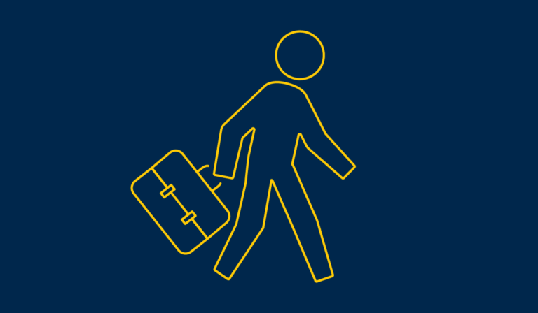 Graphic illustration of a person walking with a briefcase.