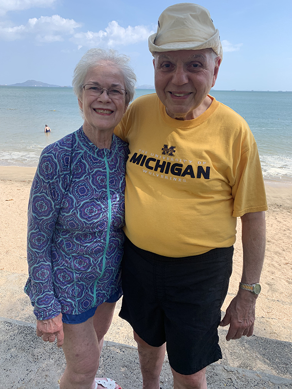 Kathryn, ’68, and Andy Bulleri, ’60, MSE’61, smile with the Panama Canal on the horizon during a recent trip. The two met while attending U-M and have been married 54 years.