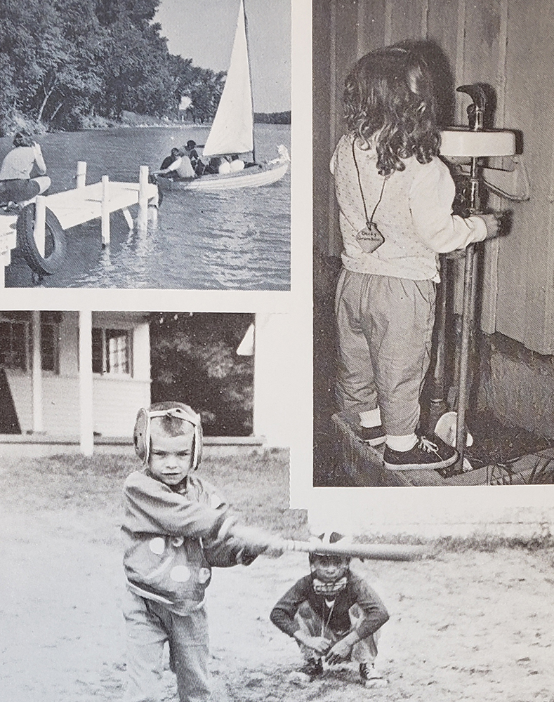 Black-and-white photographic scenes from Camp Michigania, circa the early 1960s. Featuring sailing on Lake Walloon, a girl at a water fountain, and kids playing softball.