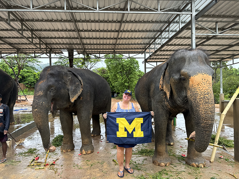 The elephant friends of Heather Campbell-Lieberman, ’90, were happy support U-M during Heather’s recent trip to Thailand.