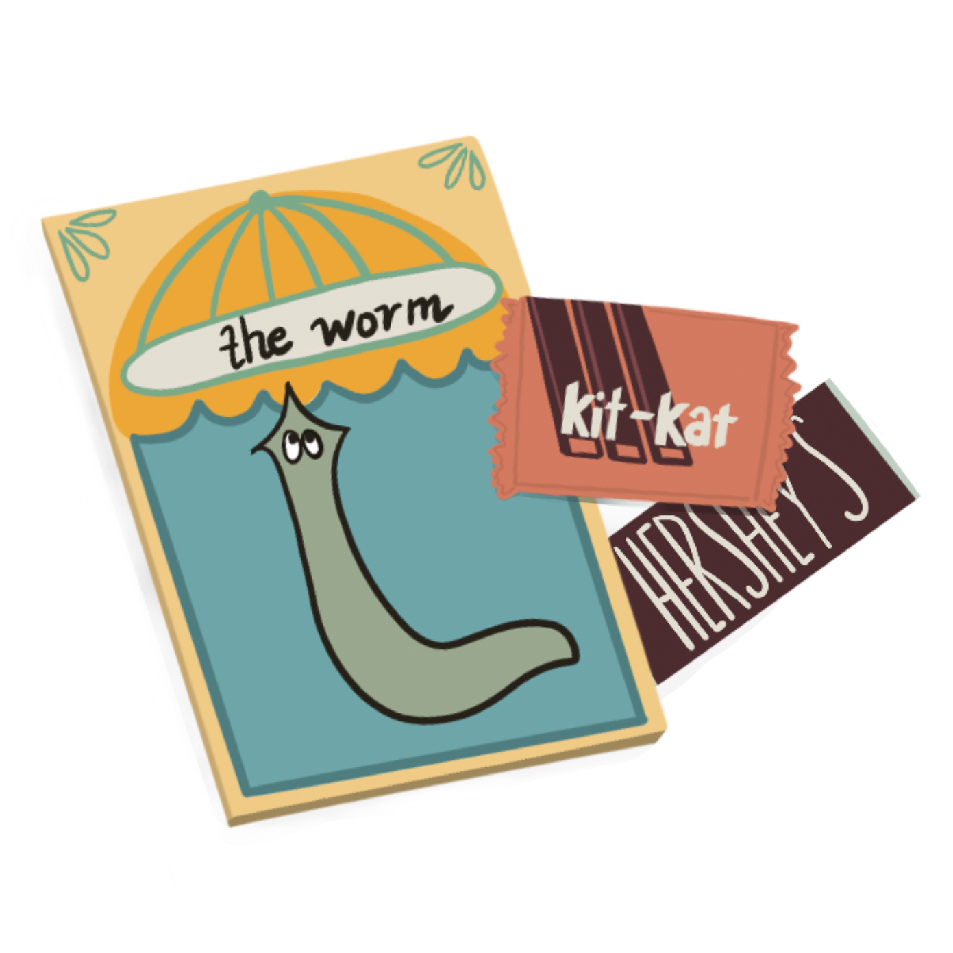 An illustration of a cover of "the worm" magazine, a Kit-Kat, and a Hersheys bar.