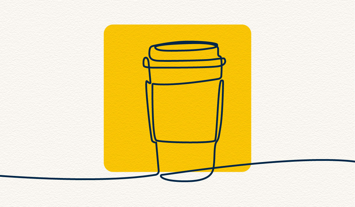 An illustration with a cream-colored, textured background and a maize box that features a coffee cup and lines coming out of it.
