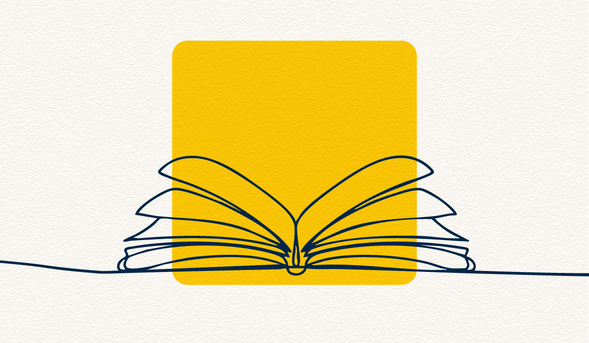 An illustration with a cream-colored, textured background and a maize box that features the flipping pages of a book and lines coming out of it.