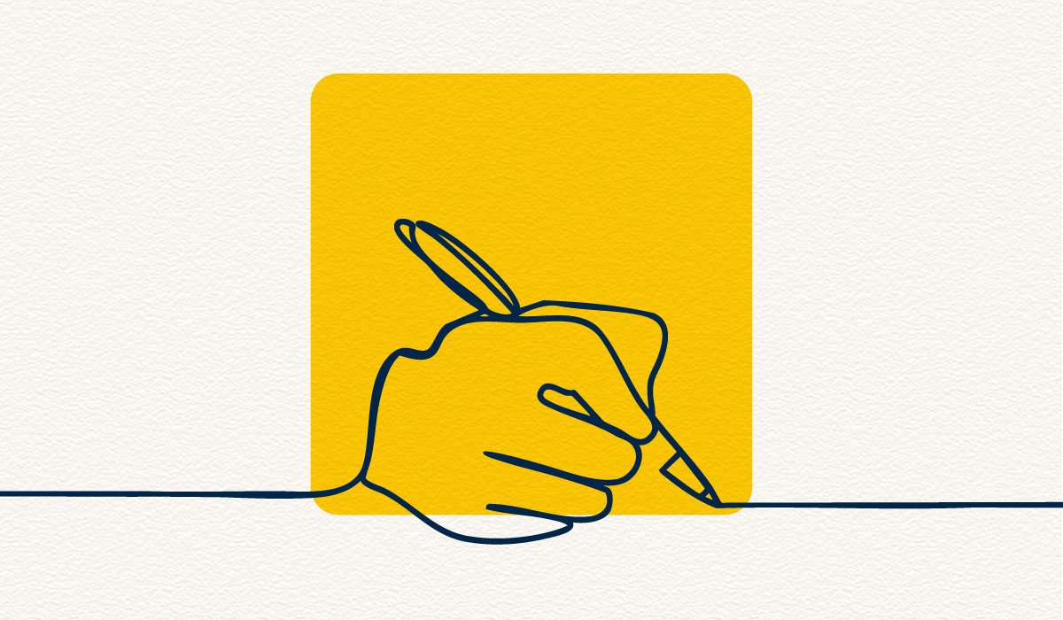 An illustration with a cream-colored, textured background and a maize box that features a hand writing with a pen and lines coming out of it.