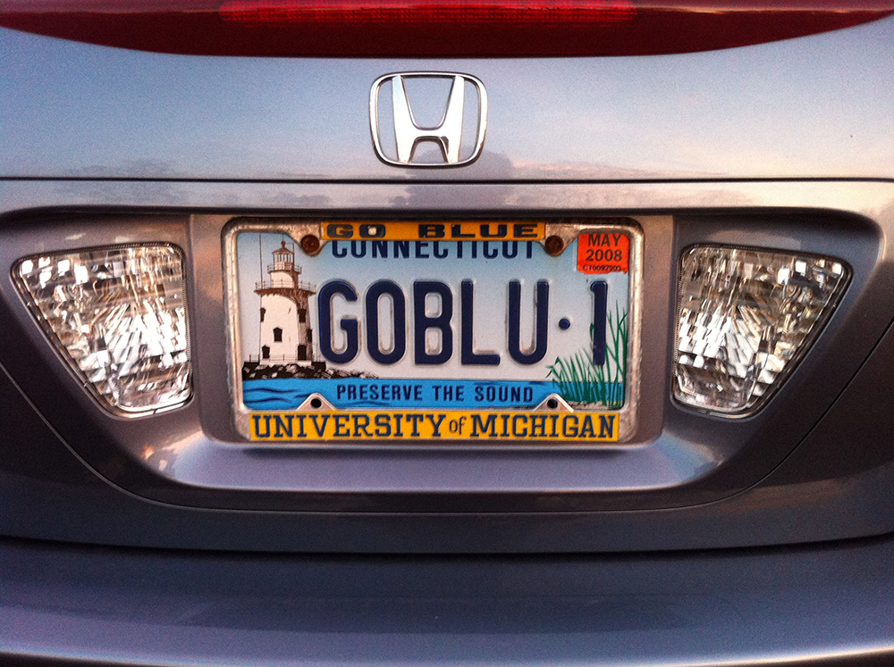 Though Charry Boris, ’73, wanted a GOBLUE plate when she applied in Connecticut, upon learning it was taken she quickly opted for GOBLU-1. She now wishes she had chosen MGOBLU since, given the New York Giants’ team color, this plate has led to many people asking her, “Are you a Giants fan?”