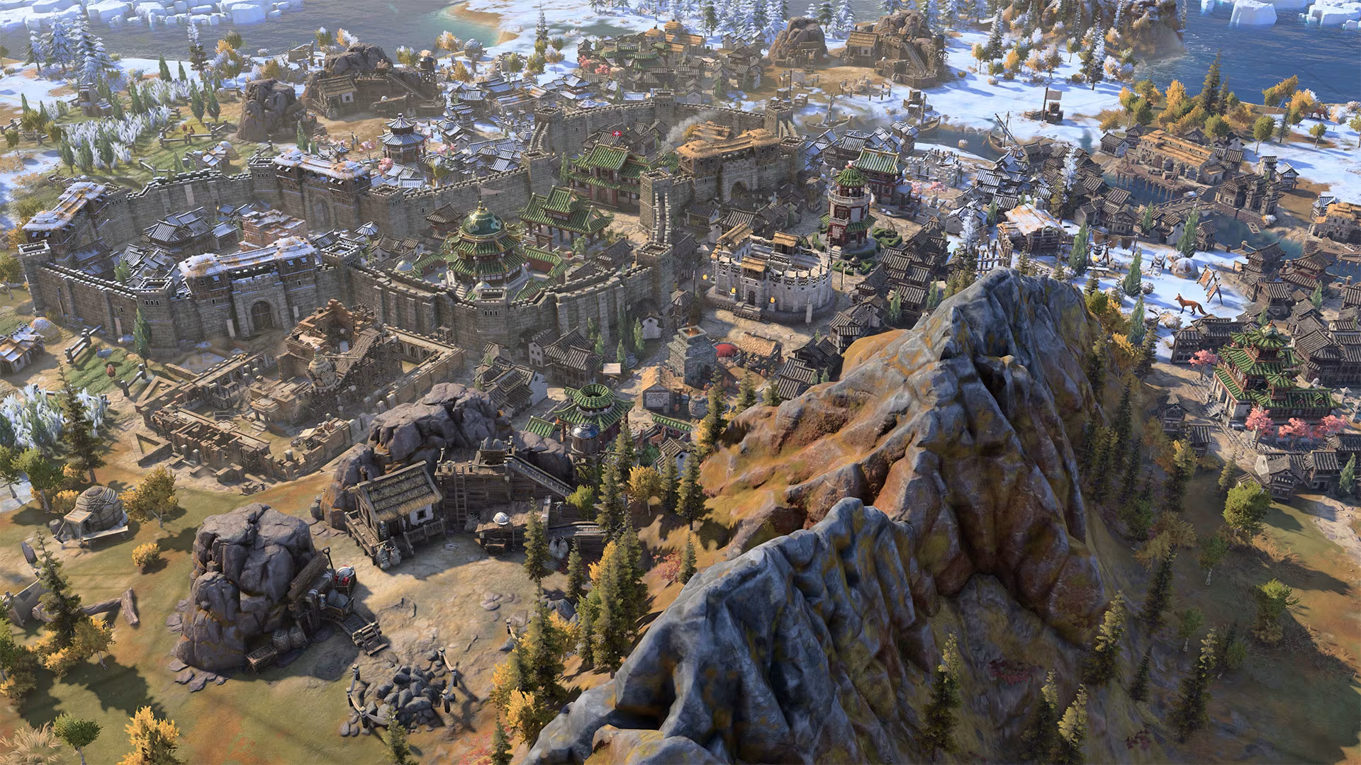 Aerial photo of a rocky video game city.