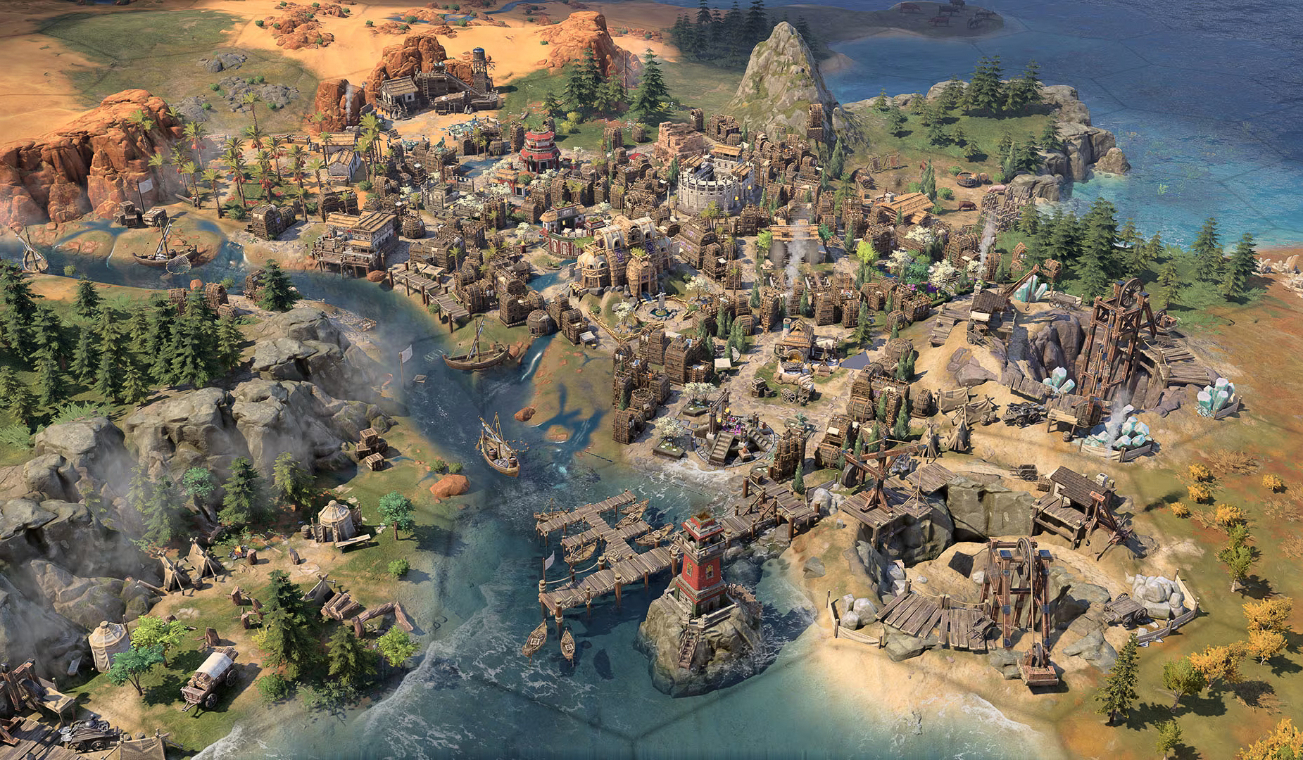 Civilization VII screengrab that shows a cityscape with greenery and water.