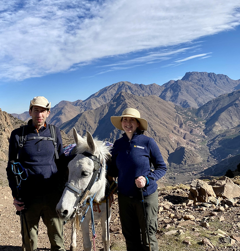 Justin Cohen, MPH’04, PhD’07, and Sharon Greene, MPH’02, PhD’05, explored Morocco’s High Atlas Mountains with some hoofed help.