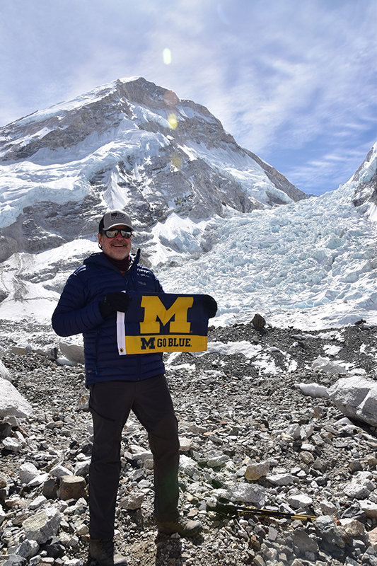 Bob Crum, ’76, trekked with family to Everest Base Camp in Nepal. Bob is pictured here at the Khumbu Icefall, the first part of the climb to Mount Everest, at an elevation of about 17,500 feet.