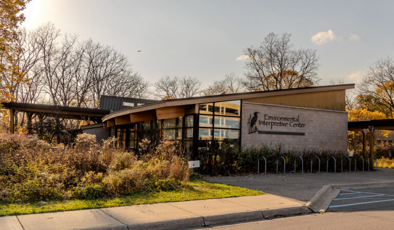 Outside of the Environmental Interpretive Center, from the road in front of the building.