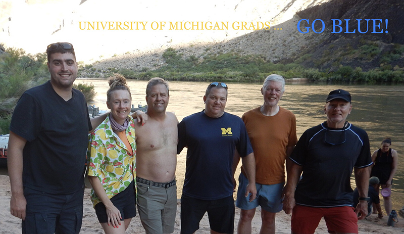 In July 2023, a group of alums enjoyed the Colorado River with a rafting expedition. From left to right: Caleb Fisher, ’20, Laura Sullivan, ’12, Kirk Christoffersen, ’90, Matt DeYoung, ’96, Bob Hume, ’74, JD’76, and Marshall Rutz, ’71.