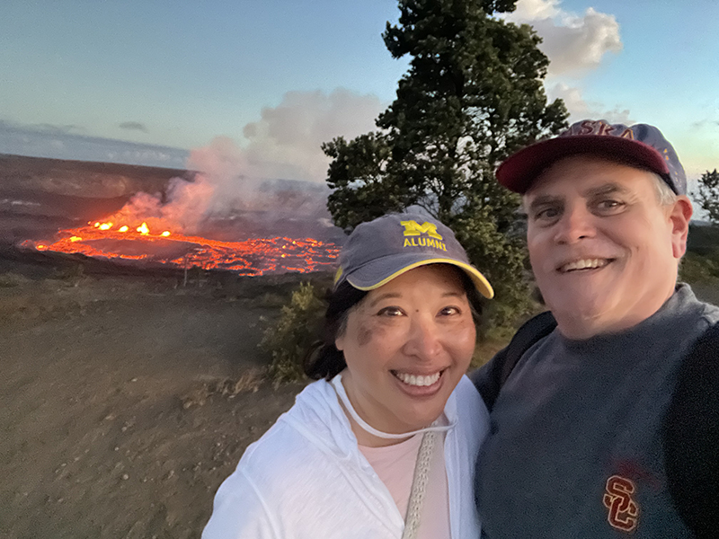 In September, Deborah Djeu, ’84, her husband, Doug Neubrand, and their (off-camera) daughter, Caty Neubrand Ross, ’22, took in the awe-inspiring sights of Kilauea at Hawaii Volcanoes National Park.