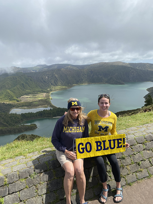 Lesley Doehr, ’87, and her daughter, Sally, showed U-M pride in the Azores Islands of Portugal