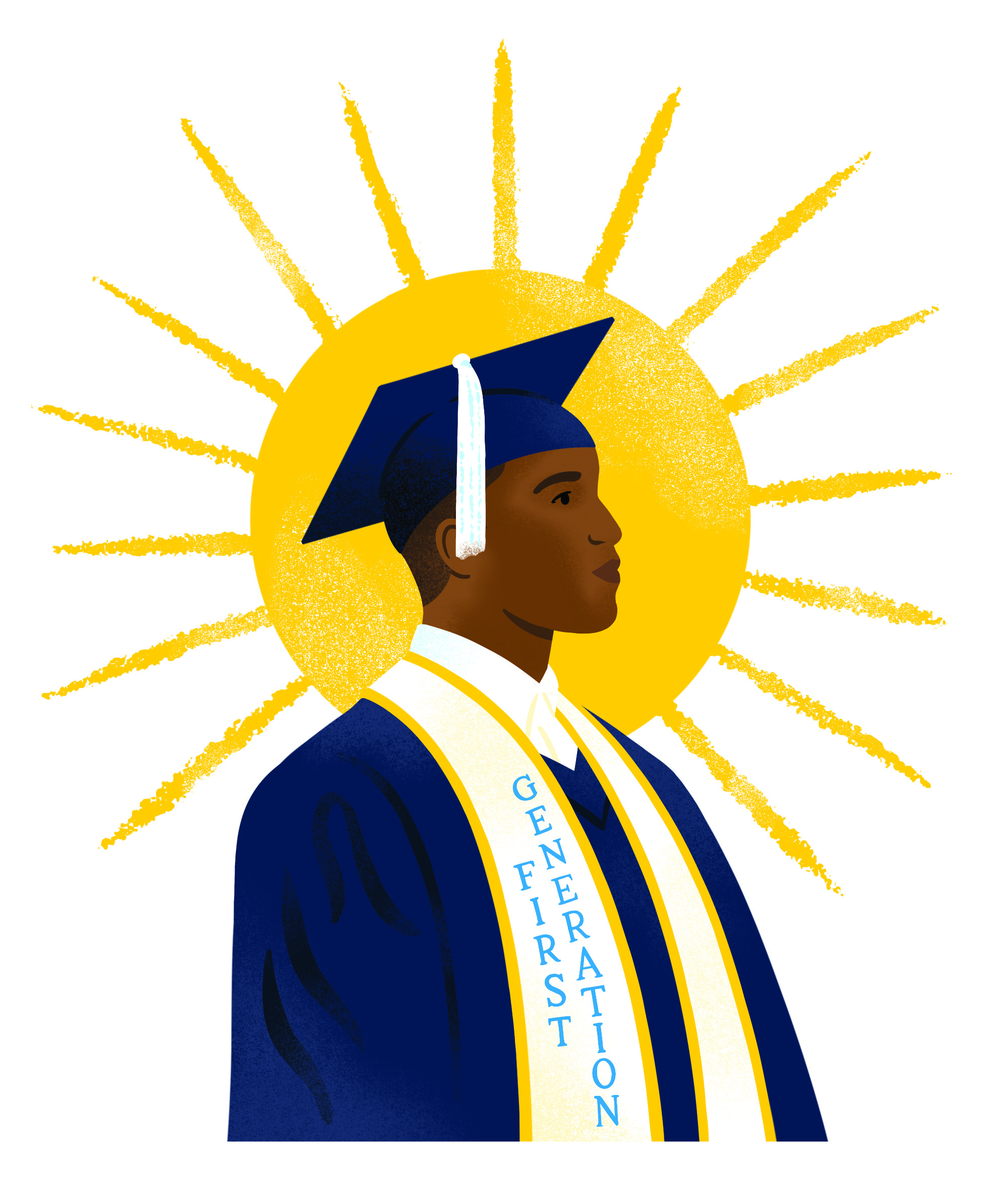 A Black man in a blue cap and gown with a stole that reads "first generation" and a sun in the background.