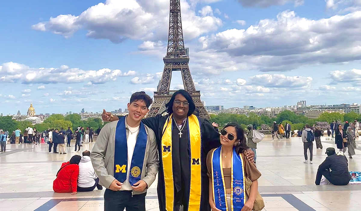 Timothy Hardial, ’23 (center), celebrated commencement with his friends Kyto Batt, ’23 (left), and Nicole Pham, ’23, (as well as the off-camera Macy Su, who graduated from Vanderbilt University) in Paris in May.