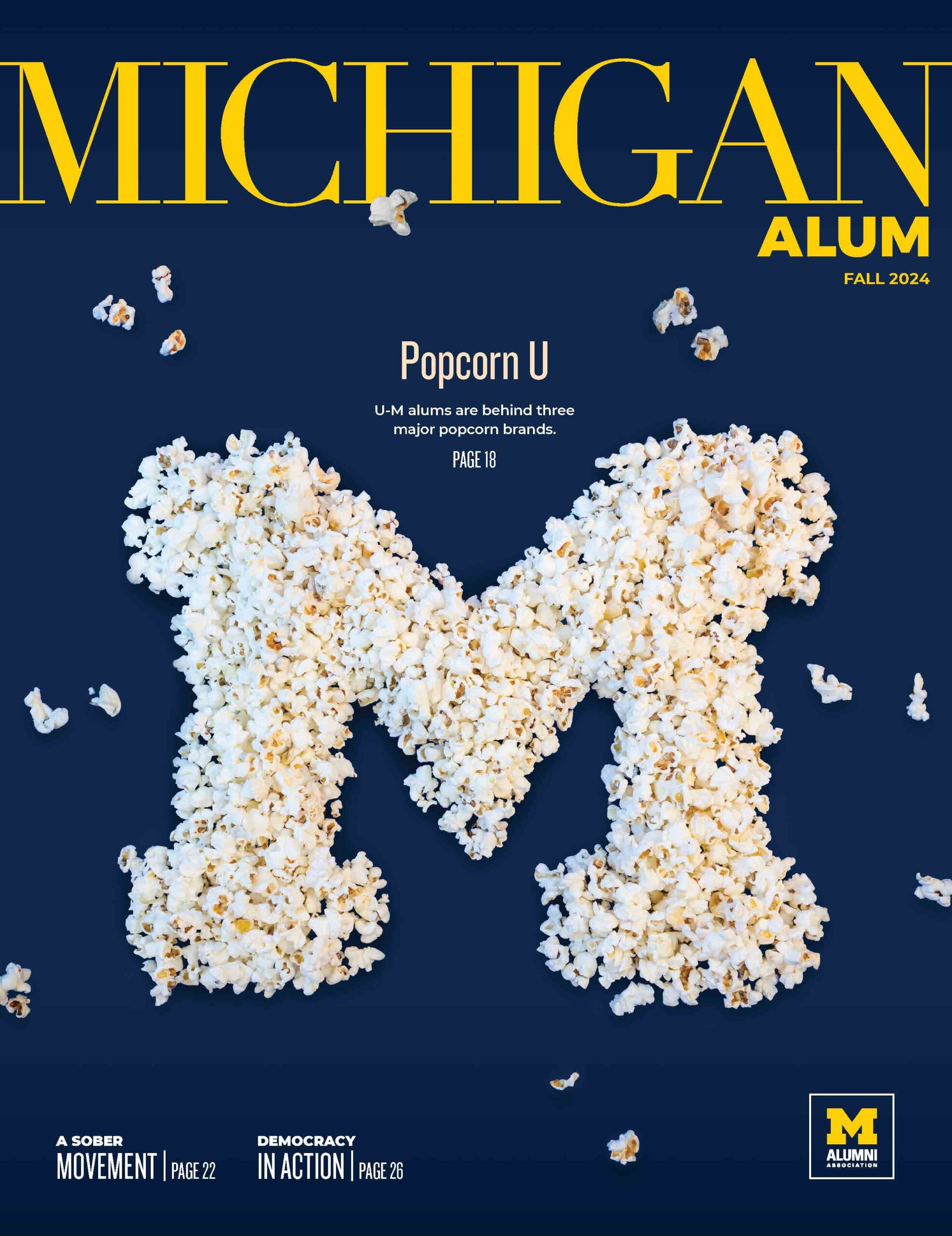 Cover of the fall 2024 issue of Michigan Alum. The cover features a popcorn Block M.