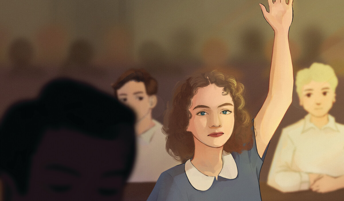 Illustration of Frances in class, rraising her hand to be called upon by the professor