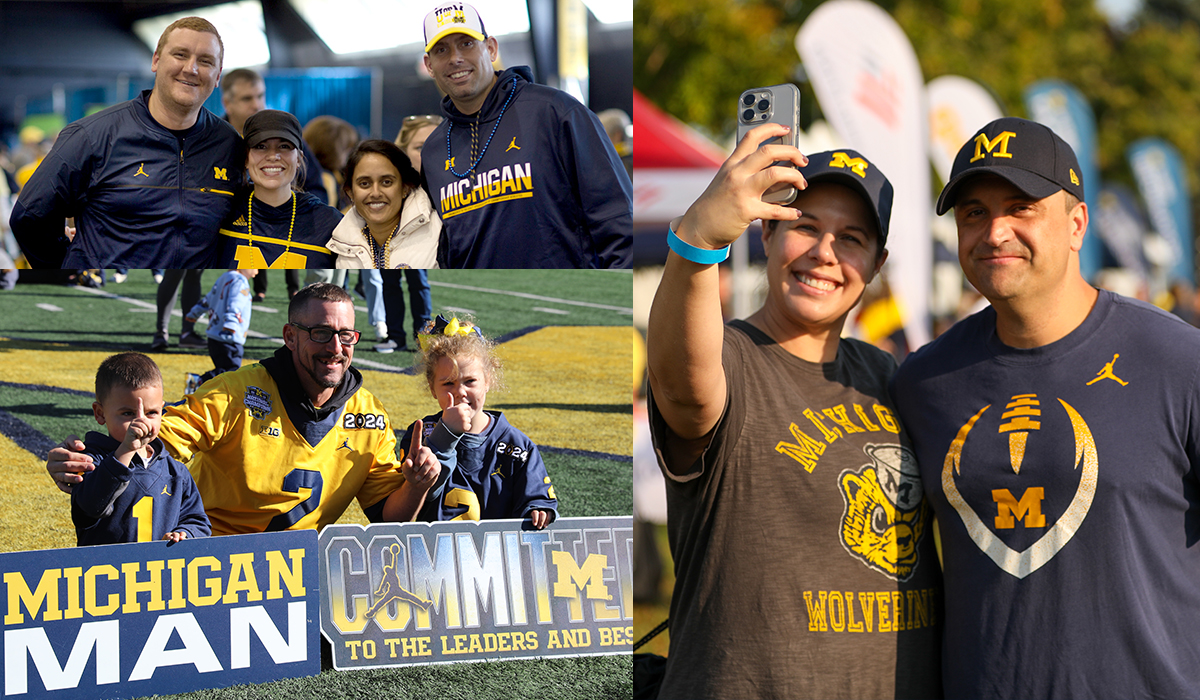 A collage of three photos of Michigan fans dressed in maize and blue and posing for pictures