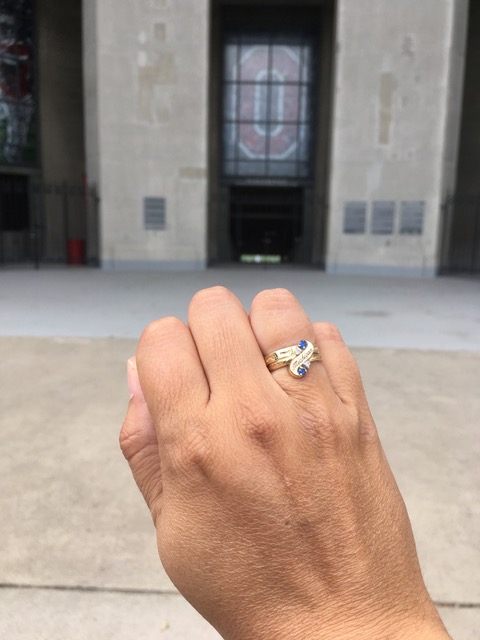 During a visit to Ohio Stadium at The Ohio State University in Columbus, Ohio, Anne Ferrando-Kleme, ’91, couldn’t resist showing off her Wolverine class ring.
