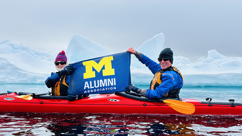 Sam, ’74, JD’77, and Shon Field, ’73, went on the Alumni Travel trip to the Norwegian archipelago of Svalbard in June. As the only U-M alumni on the trip, they felt a responsibility to fly the Block M flag. This moment was captured in the waters of the polar ice cap, just north of the 80th parallel.