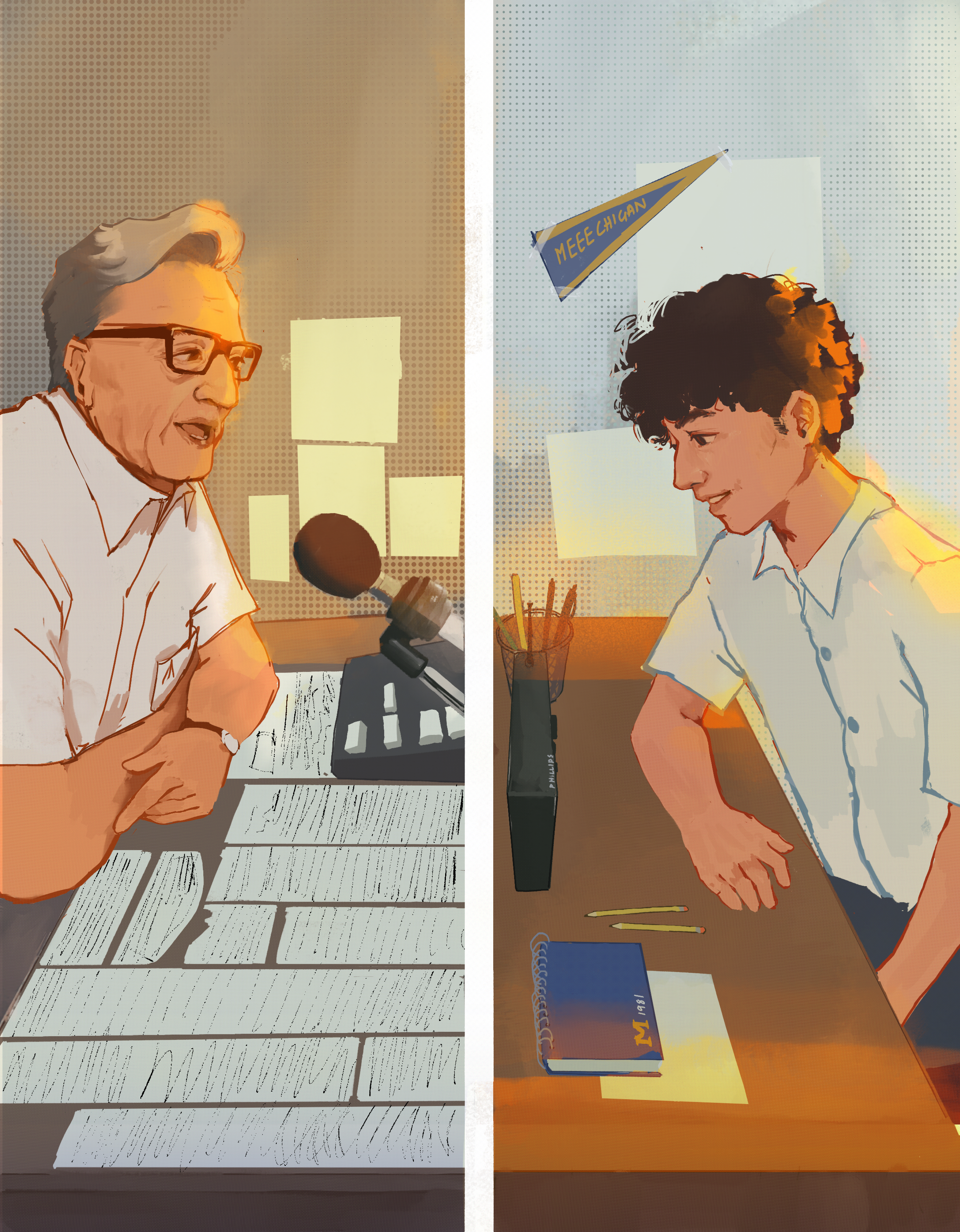 An illustration of Bob Ufer (left) speaking into a microphone with notes on his desk. On the right is a young Michigan student listening to the radio with a closed notebook and two pencils on his desk. The banner on his wall reads "Meeechigan".
