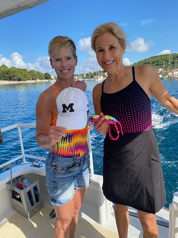 Rose Kehoe, ’88 (left), and Jody Costilo Gan, ’87, met 11 years ago as faculty colleagues at American University in Washington, D.C. They soon realized that they both were U-M alums who overlapped at Mosher-Jordan, married West Quad residents, and had similar professional interests. They also shared a love for swimming, taking time off from teaching over the summer to dive into the Adriatic Sea off of the Croatian coast.