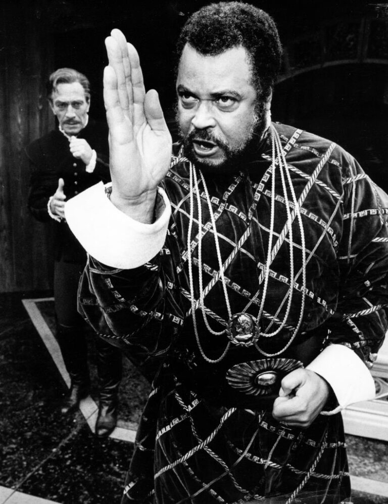 A half-length, black-and-white dramatic portrait of the actors James Earl Jones as Othello and Christopher Plummer as Iago in Shakespeare's '"Othello" in 1981.