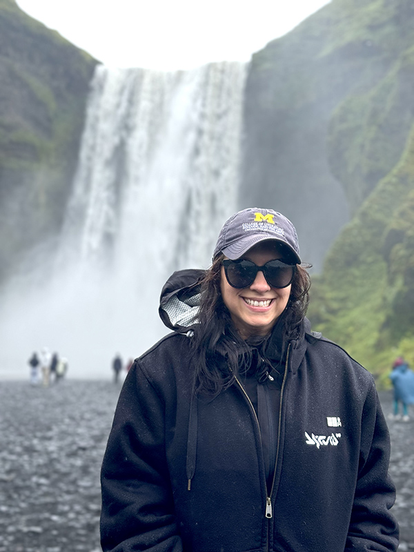 Rebecca Goldberg, ’07, gave a “Go Blue!” while visiting the Selfoss waterfall in Iceland.