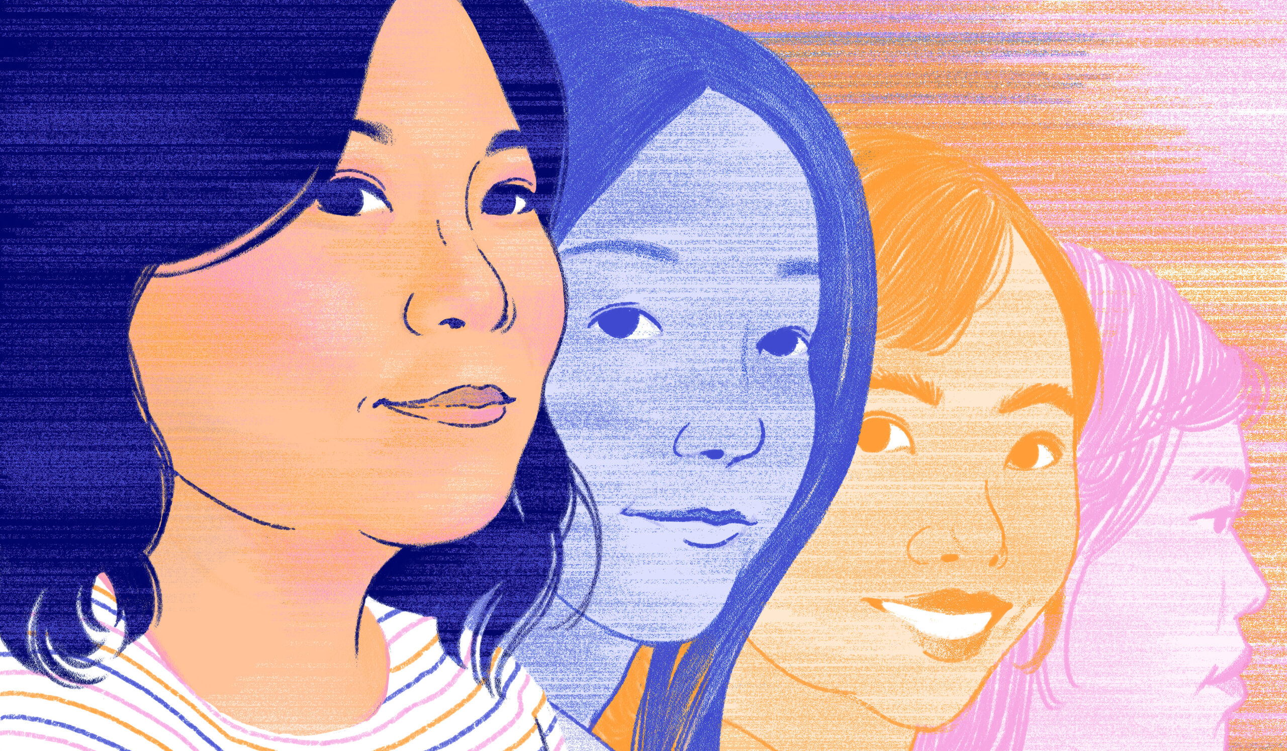 An illustration of Grace Meng and three other Asian women students in a line behind her drawn in blue, yellow, and pink.