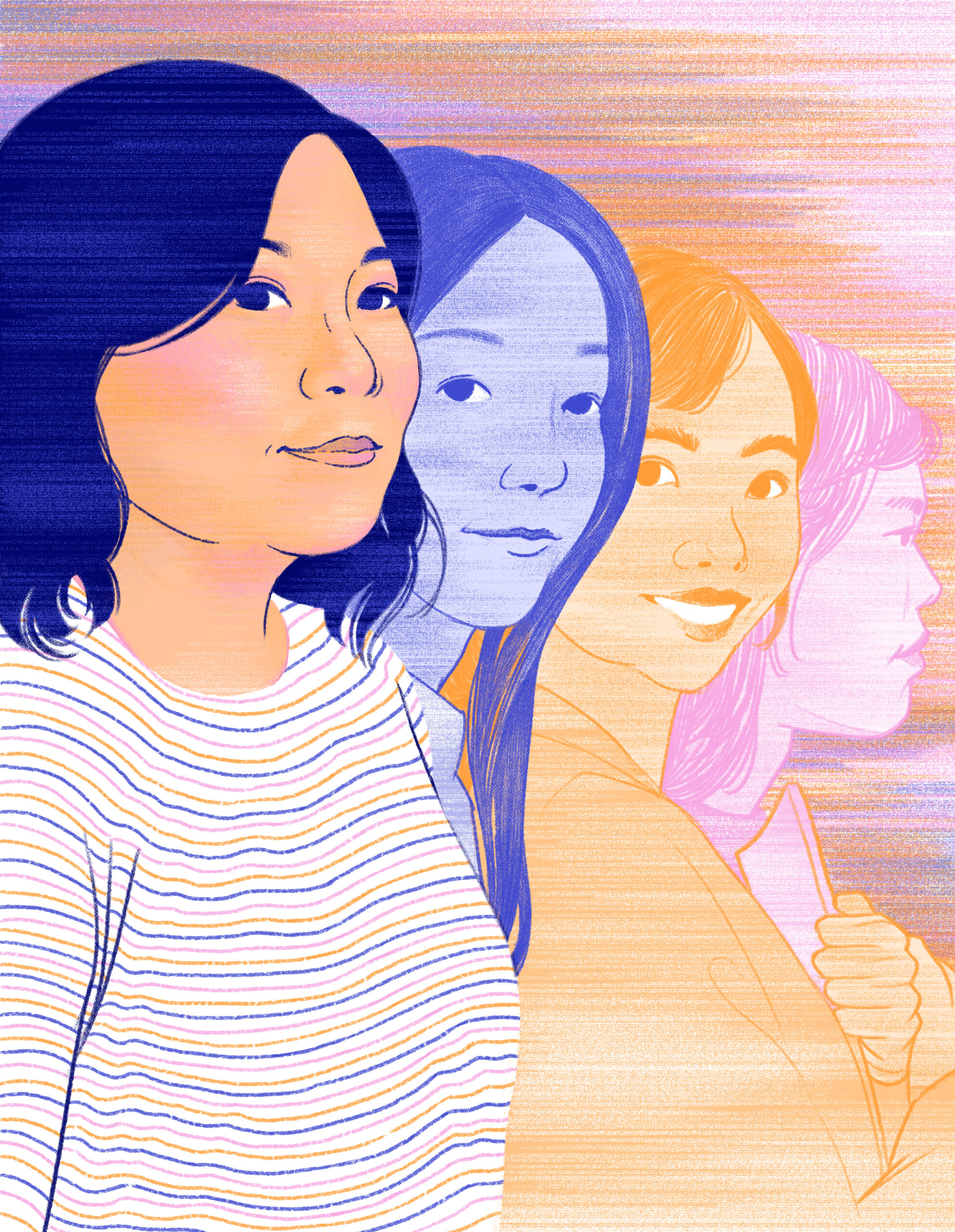 Illustration of Grace Meng with three Asian women students in a line behind her drawn in blue, yellow, and pink. 