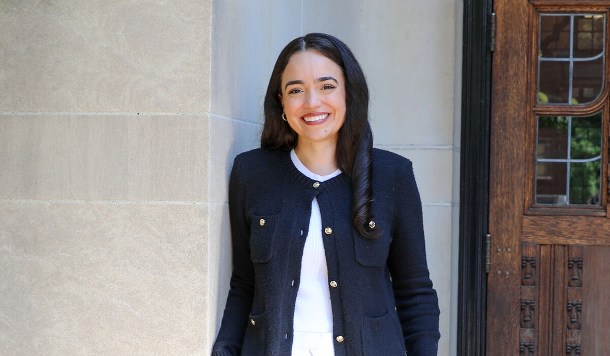 Photographic portrait of Grace Tenbusch outside the Michigan League building