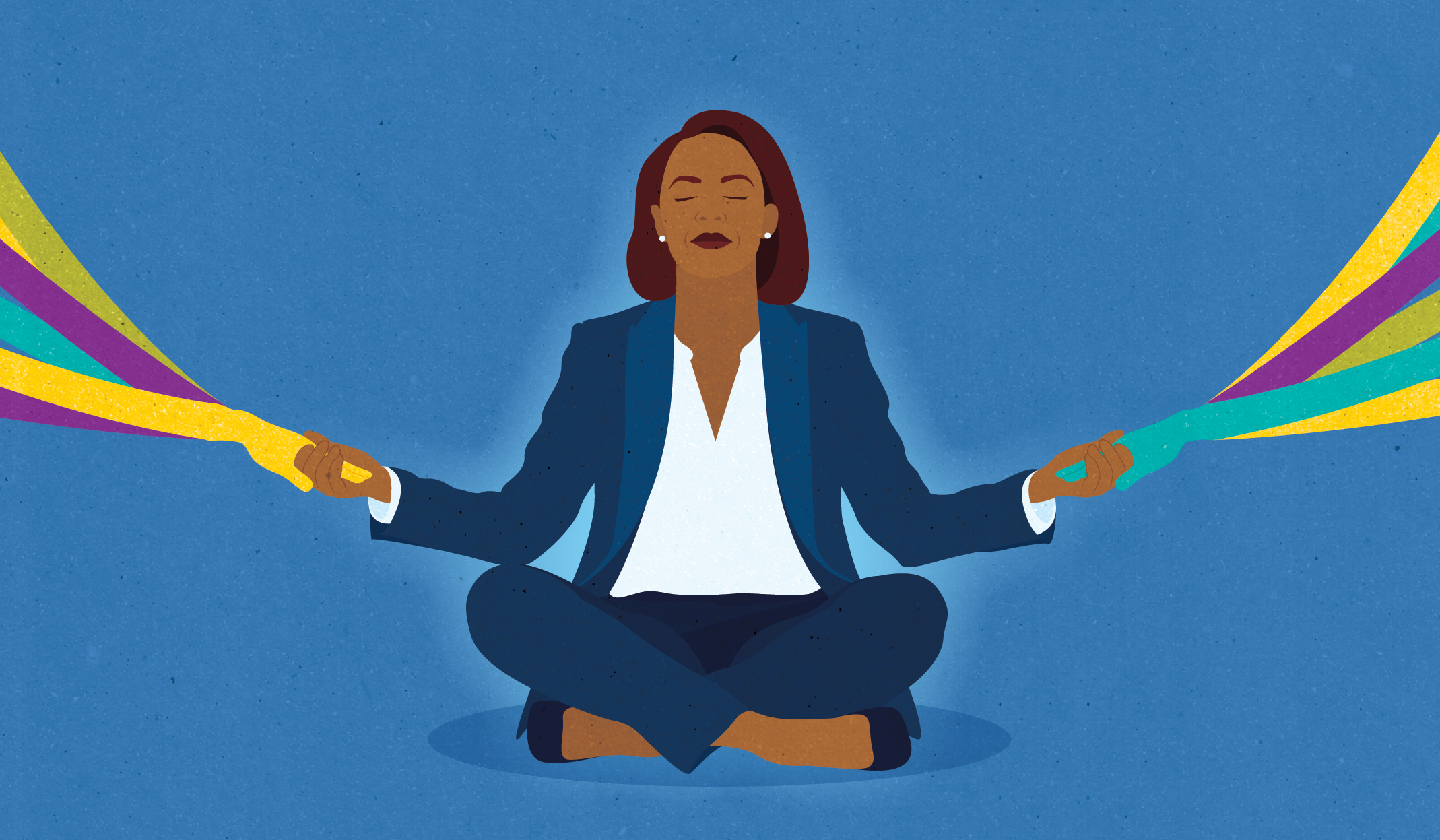 An illustration of a woman in a buisiness suit sitting cross-legged on the ground holding many elongated hands in the colors of the aspects of the mindful mindset.