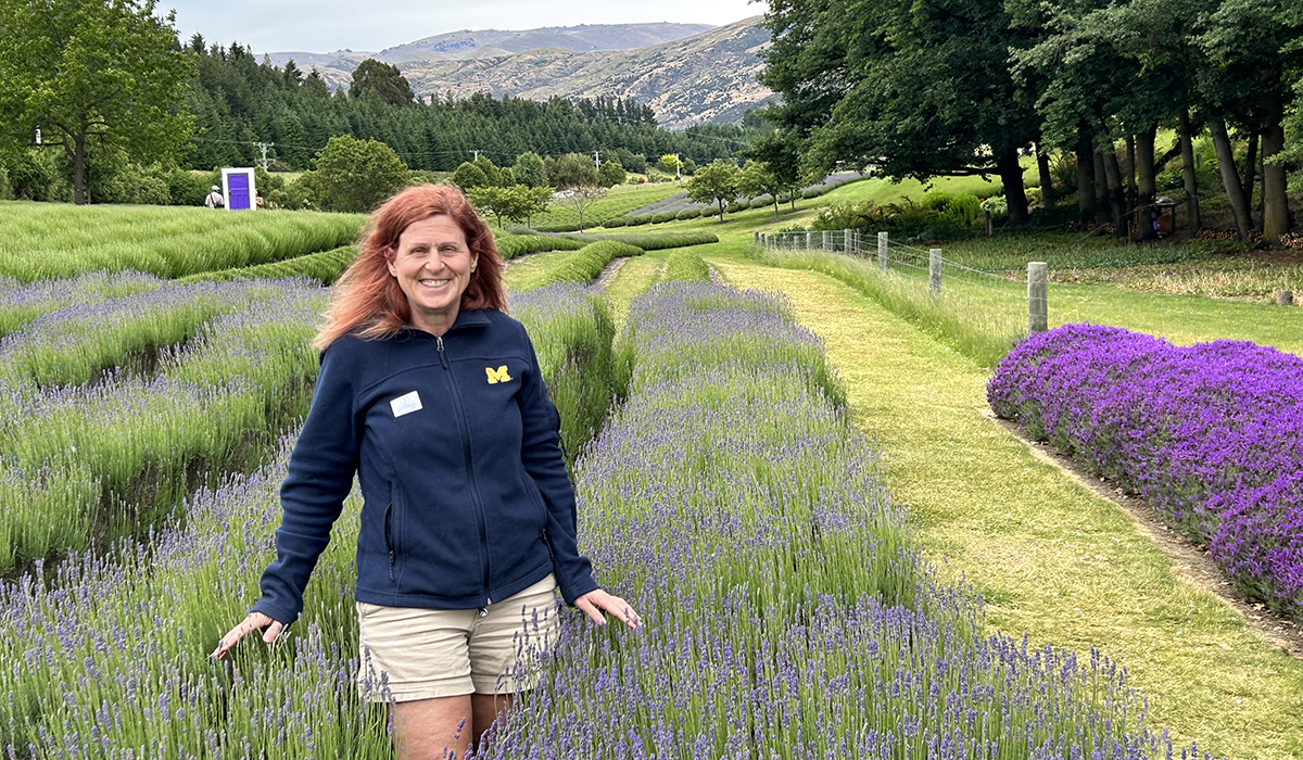 Merideth Holtz, ’91, added a pop of Maize and Blue to the purple-tinged fields of the Wanaka Lavender Farm in Wanaka, New Zealand.
