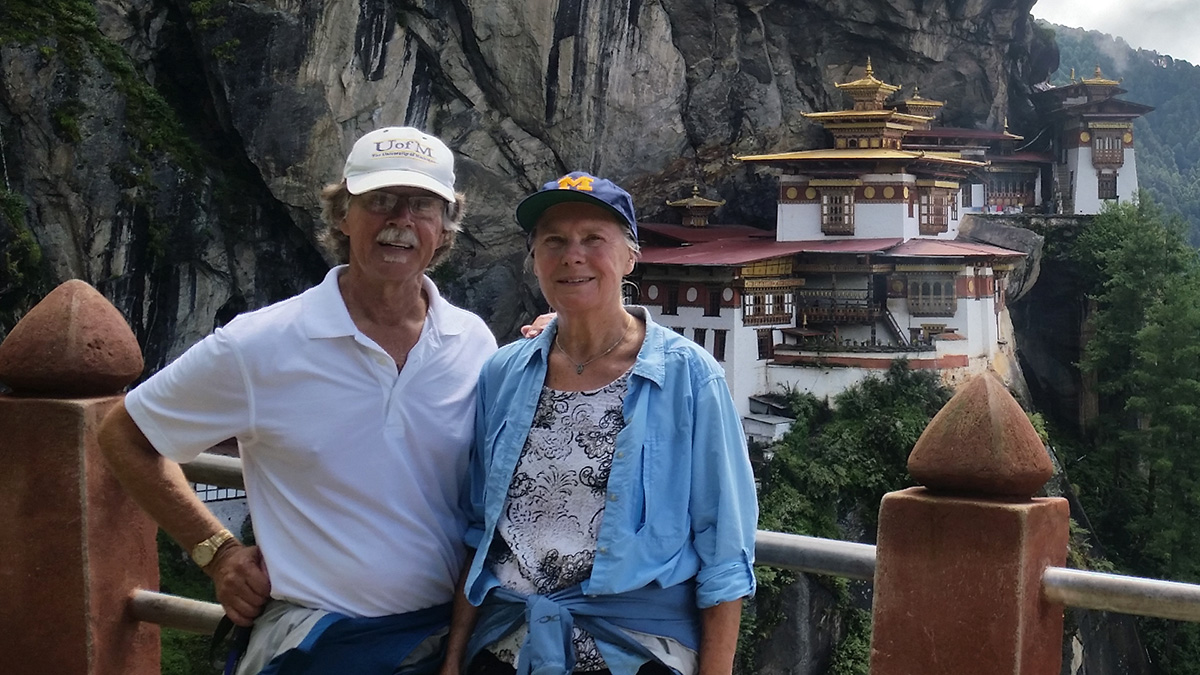 Ken, DDS’71, and Carol Hovey, ’68, made the climb to Bhutan’s Paro Taktsang (also known as the Tiger’s Nest) in September. The Buddhist monastery was built in 1692.