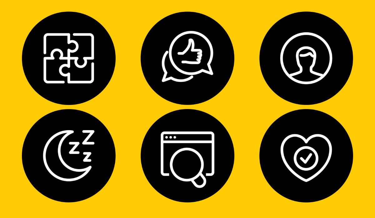 Six black and white icons on a yellow background. The icons have puzzle pieces, thumbs up, a person, a moon, a magnifying glass, and a heart.
