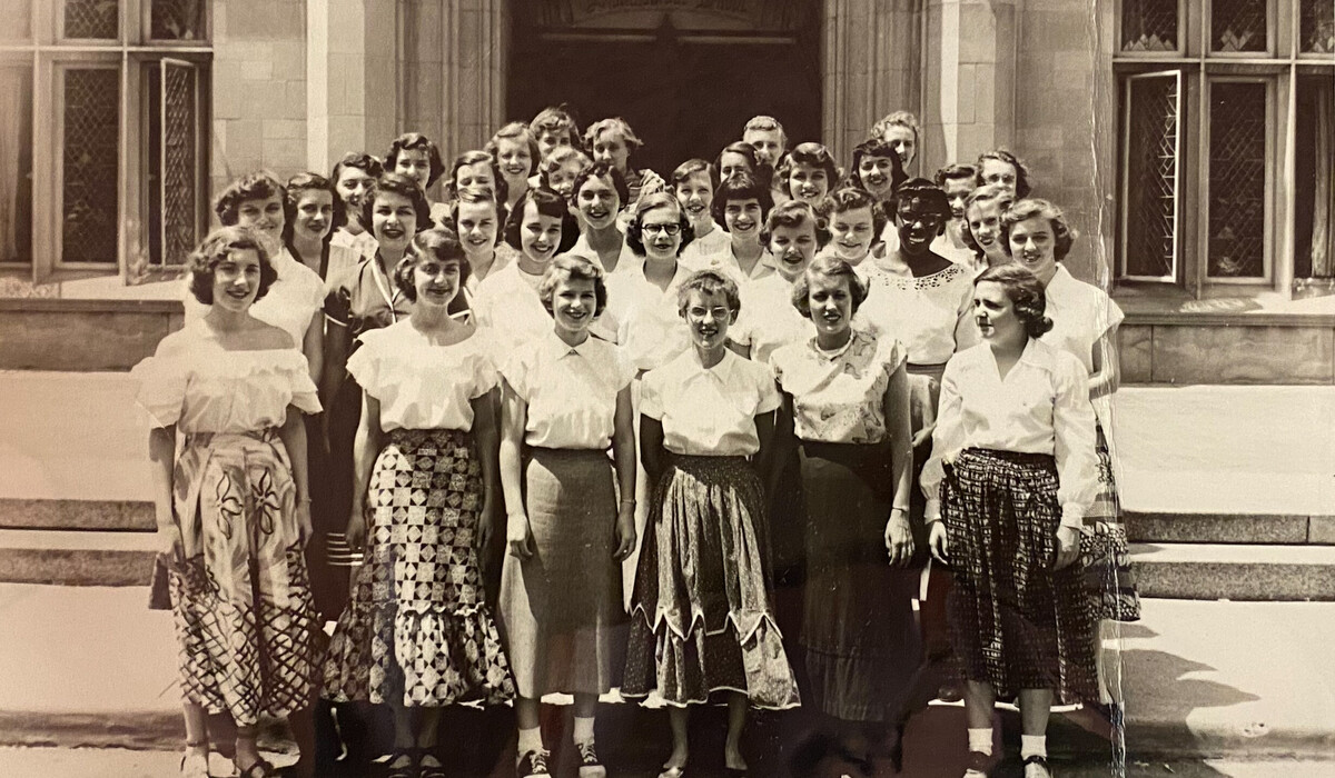 “I graduated from U of M in June 1949 and then lived and worked at Stockwell Hall as one of its first resident counselors. Here I am with some of my 77 girls.” Photo courtesy of the U-M Bentley Historical Library.