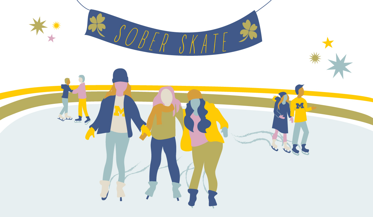 Illustration of three people ice skating together with two couples in the background. There are stars and a banner that says "Sober Skate."