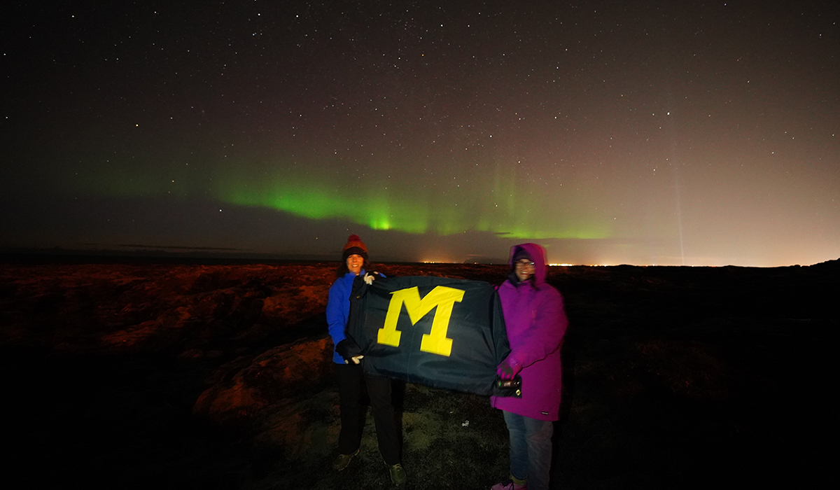 Shari Kikoler Burger, ’93, MBA’01 (left), and Robin Seder Isenberg, ’92, hailed from under the beautiful northern lights in Iceland.