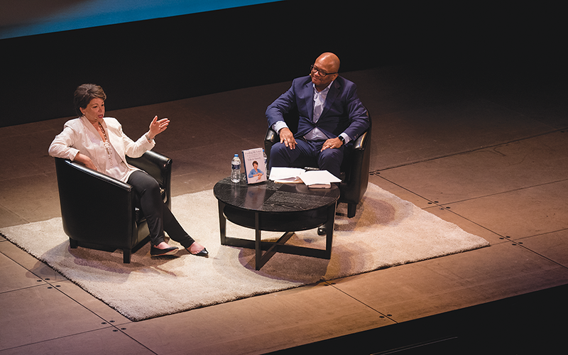 Valerie Jarrett speaks about her book, which traces her journey to the White House, at the Michigan Theater in conversation with Broderick Johnson, an adjunct professor in the Law School.