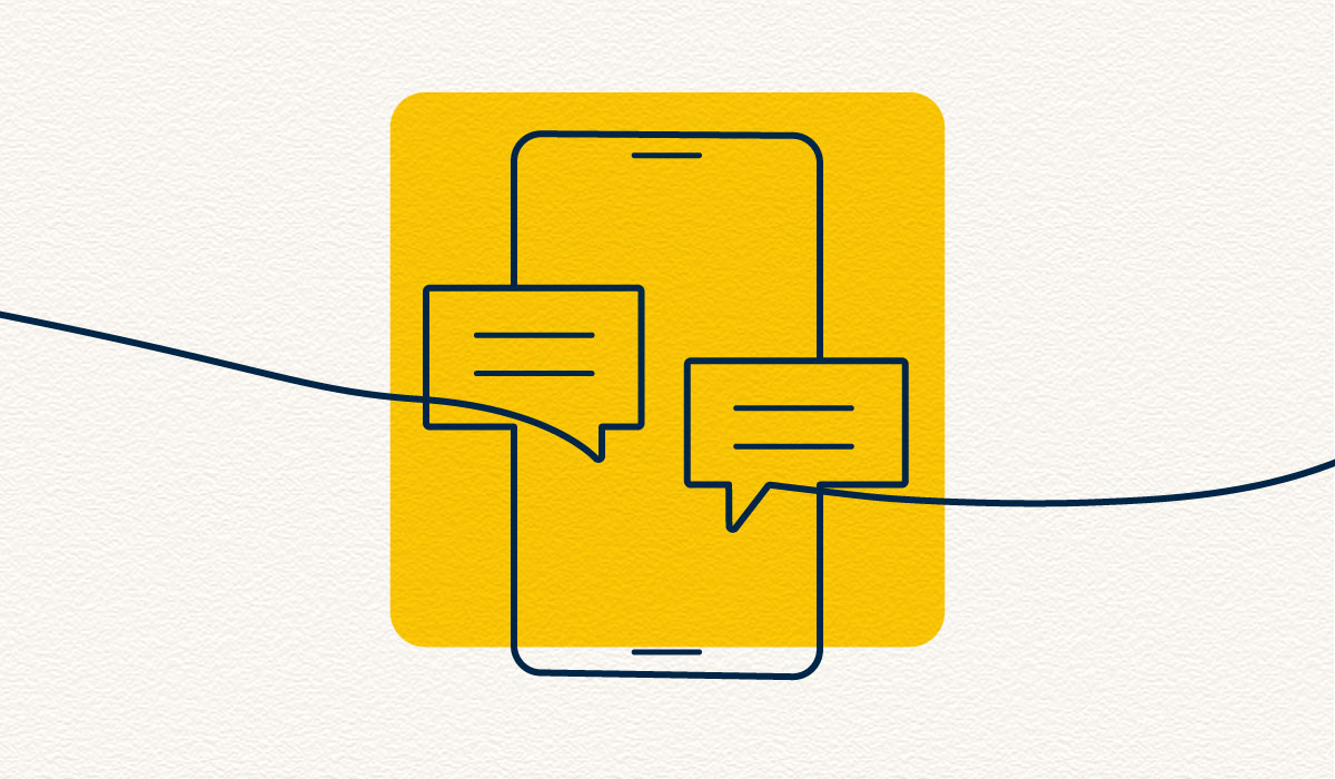 An illustration with a cream-colored, textured background and a maize box that features a phone and chat bubbles coming out of it.