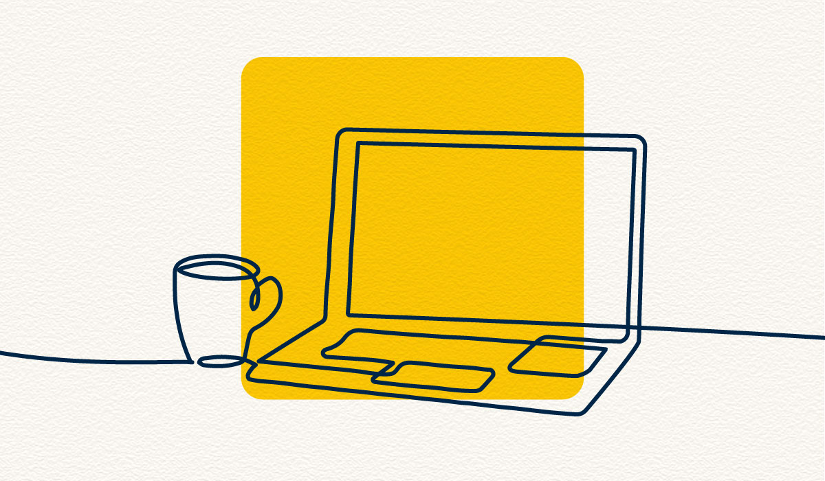 An illustration with a cream-colored, textured background and a maize box that features a laptop, a coffee cup, and lines coming out of it.