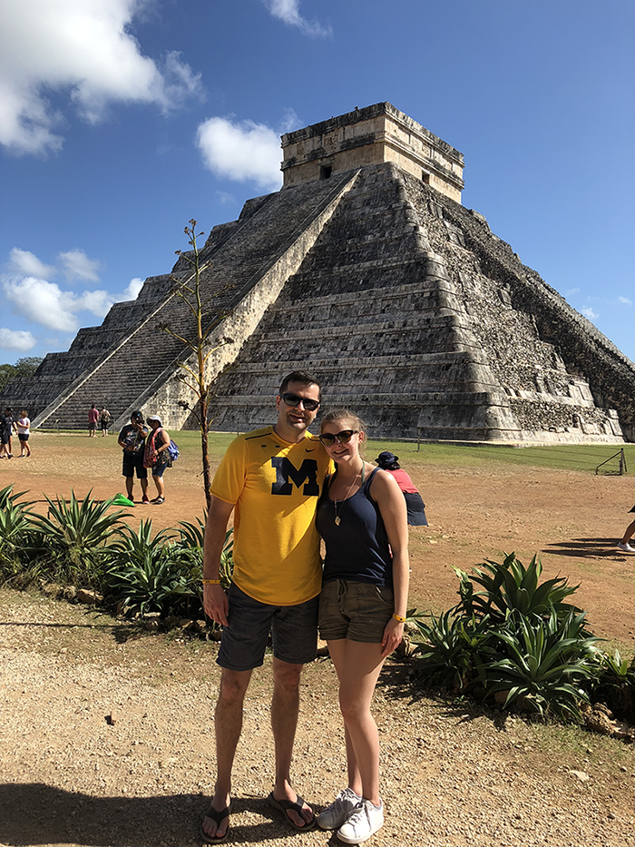 Kevin Jordan, ’92, and his daughter, current student Kelsey, took the Maize and Blue to the ancient Mayan city of Chichen Itza in Yucatán, Mexico.