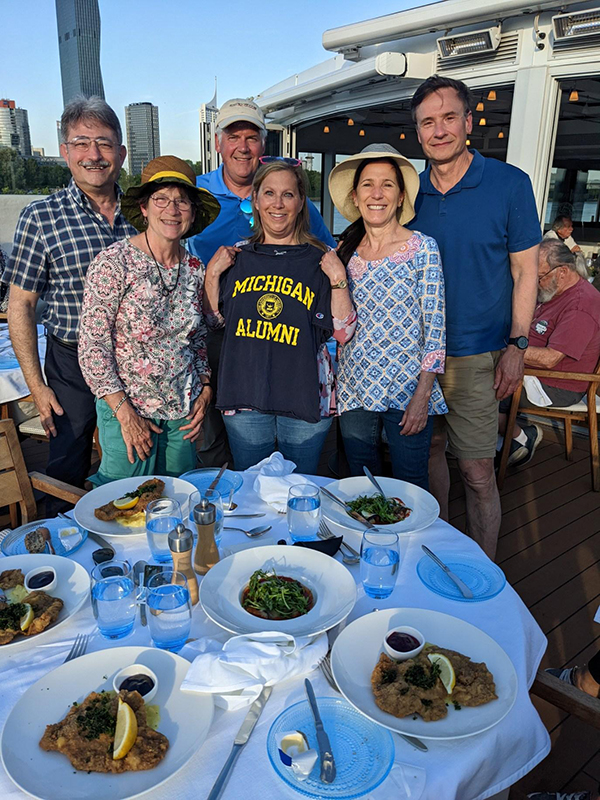 Six Michigan alums connected with each other at dinner on a Viking cruise from Budapest, Hungary, to Passau, Germany. From left to right: (back row) Alec Bender, ’77; Rick Vonk, ’83; and Tony Sensoli, ’82, MD’86; (front row) Micki Zelenka-Vonk, ’83, MARCH’85; Lisa Kaplan, ’82, MSW’84, and Elizabeth Millar-Sensoli, ’83, MARCH’86, MBA’86.