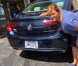 Karen Hockstad, ’87, and her husband, Jim Bemiller, bravely drive their car with this AMAIZED plate around their home town of Columbus, Ohio.