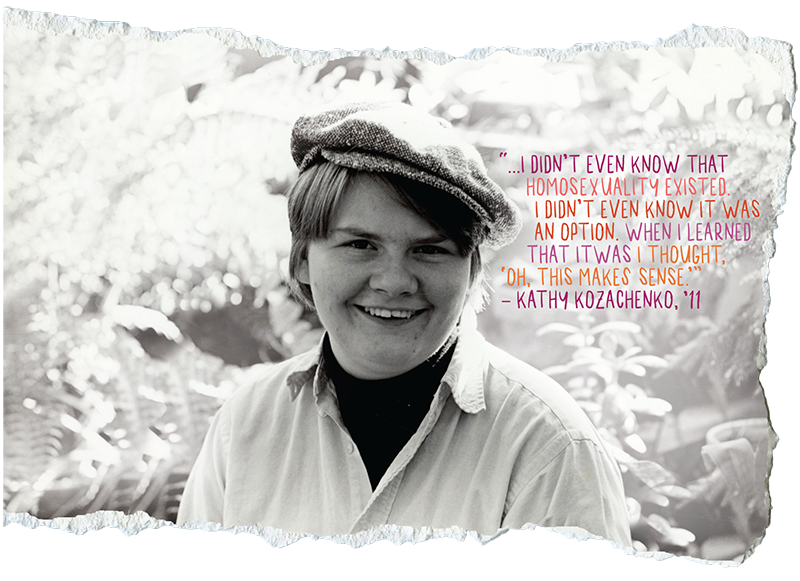 Photographic portrait of Kathy Kozachenko, circa-1970s, with the quote: "...I didn’t even know that homosexuality existed. I didn’t even know it was an option. When I learned that it was, I thought, ‘Oh, this makes sense’”