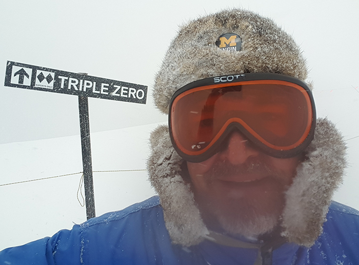 John R. Keough, ’77, used a blustery, flaps-down, powdery snow day on Copper Mountain in Leadville, Colorado, to get some skiing in while wearing his U-M Engineering button.